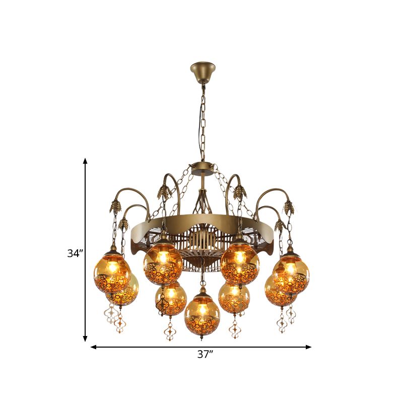 Traditional Ball Chandelier Lighting 9 Heads Tan Glass Suspension Pendant Lamp for Restaurant
