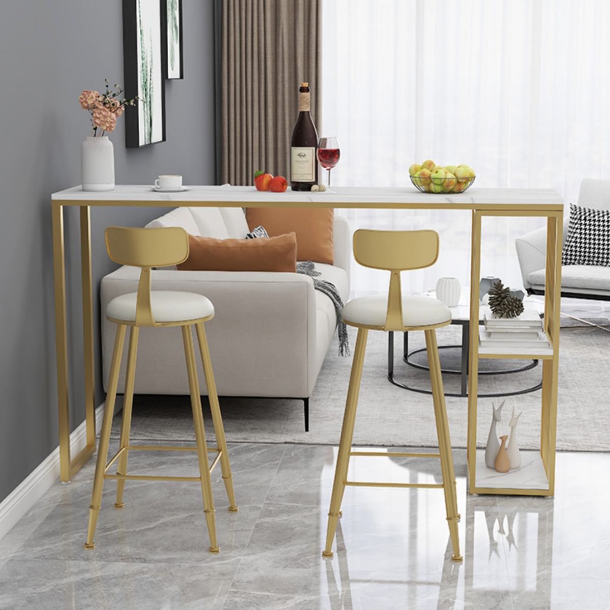 Glam Stone Bar Table Set 1/3 Pieces Rectangle Bar Table with Upholstered Stools