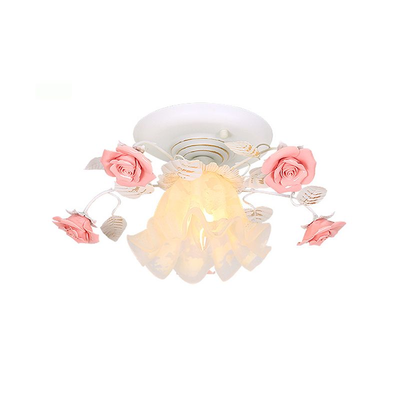 Rose Porch Ceiling Lighting Korean Garden Metal 1 Bulb White Semi Flush Mount Light Fixture