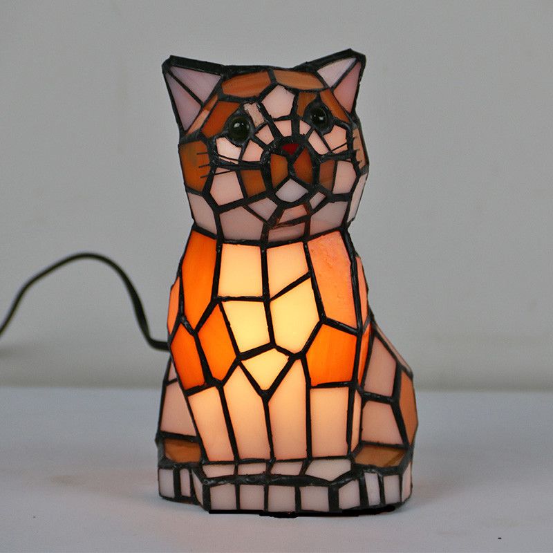 Orange Cat Shaped Table Lamp Creative Tiffany Style 1-Light Handcrafted Glass Night Light
