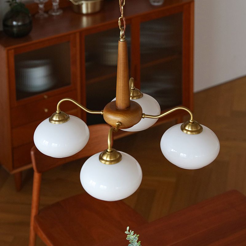 Brass Japanese Chandelier Bowl Shape Multi Light Hanging Light with Wood for Restaurant