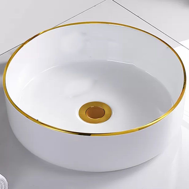 Round Bathroom Sink Ceramic Washroom Sink with Rod Handle Faucet