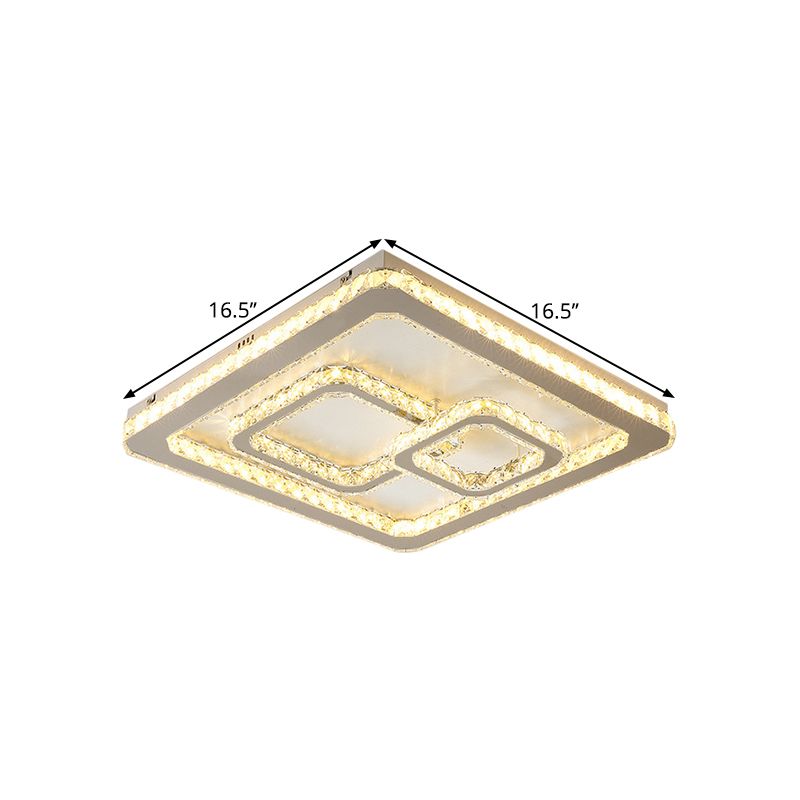 Chrome Square LED Flush Mount Lamp Modern Beveled Glass Close to Ceiling Lamp in Warm/White Light, 16.5"/20.5"/35.5" Wide