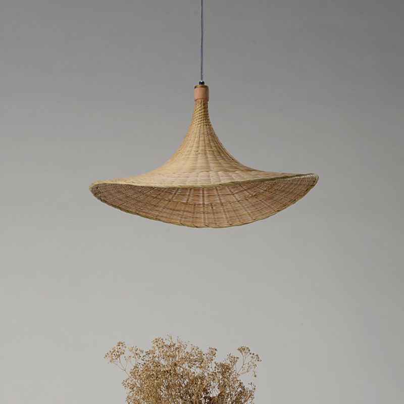 Bambú de colgante de colección de forma de sombrero contemporáneo 16 "/19.5" W 1 Lámpara colgante de interior de luz en beige