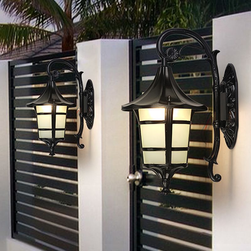 Metal Black/Coffee/Bronze Wall Light Sconce Curved Arm 1 Light Lodge Style Wall Lamp with White Glass Shade