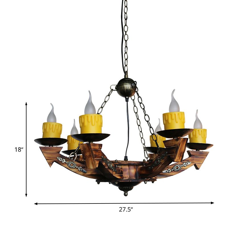 6 Lights Candle Chandelier Lamp Farmhouse Dark Wood Resin Pendant Lighting for Restaurant
