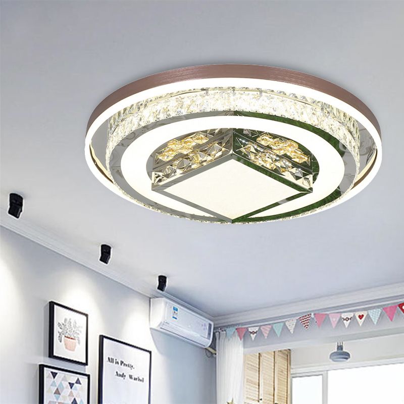 Round/Rectangle Crystal Flush Mount Lamp Simple 23.5"/31.5"/37.5" W LED Living Room Ceiling Mounted Fixture in White