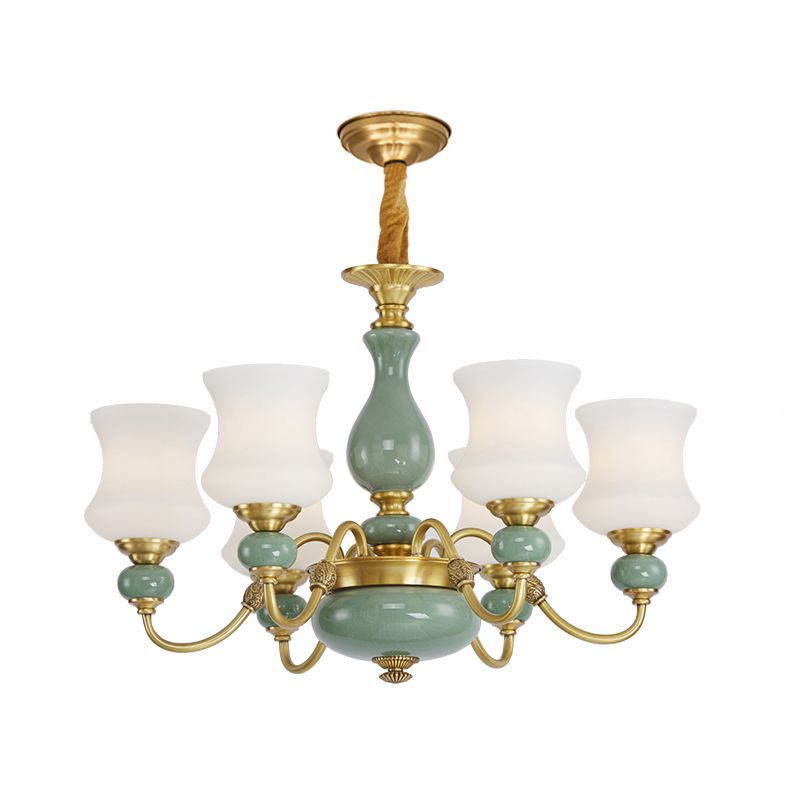 6/8 bollen metalen kroonluchter licht vintage gouden duwarm kleinkaster plafond suspensie lamp met opaalglas schaduw