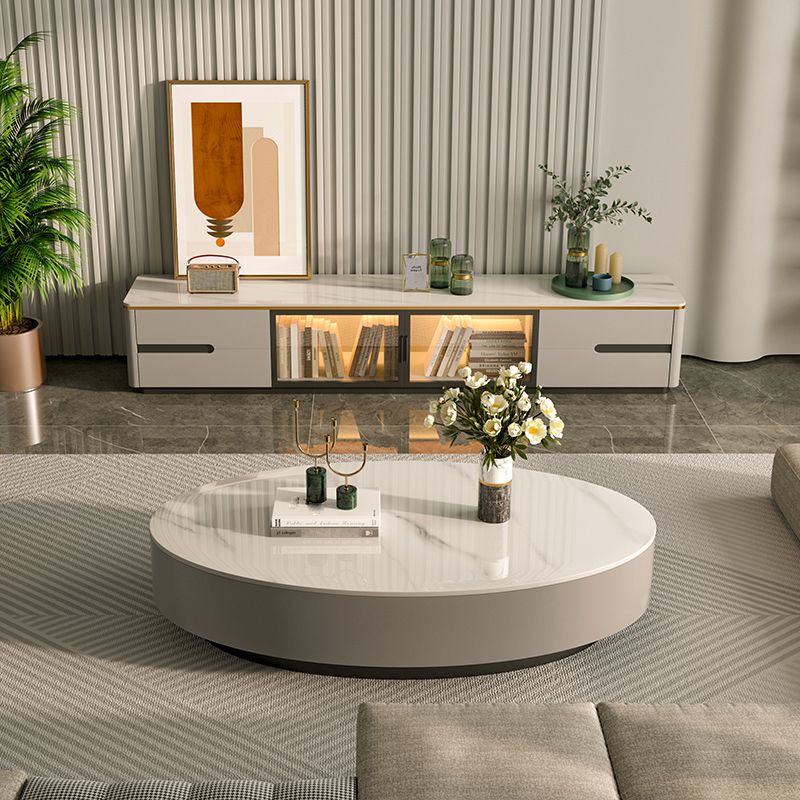 Glam 13.7" H Oval Slate Coffee Table Iron Drum Cocktail Table with Drawer