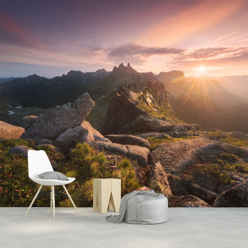 Large Mountain Sunset Landscape Mural Brown Non-Woven Fabric Wall Art, Washable, Optional Size