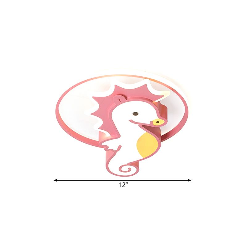 LED Nursery Flush Mount Light Cartoon Pink Ceiling Lighting with Sea Horse Metal Shade