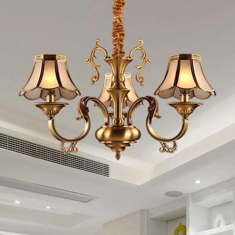 Frosted Glass Gold Pendant Chandelier Scalloped 3/5/6 Bulbs Colonial Suspended Lighting Fixture with Radial Design