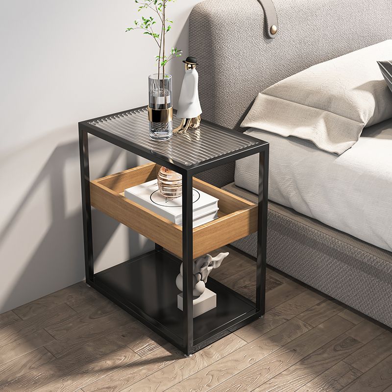 Modern Rectangular Glass Side Table Metal Frame Table with Storage