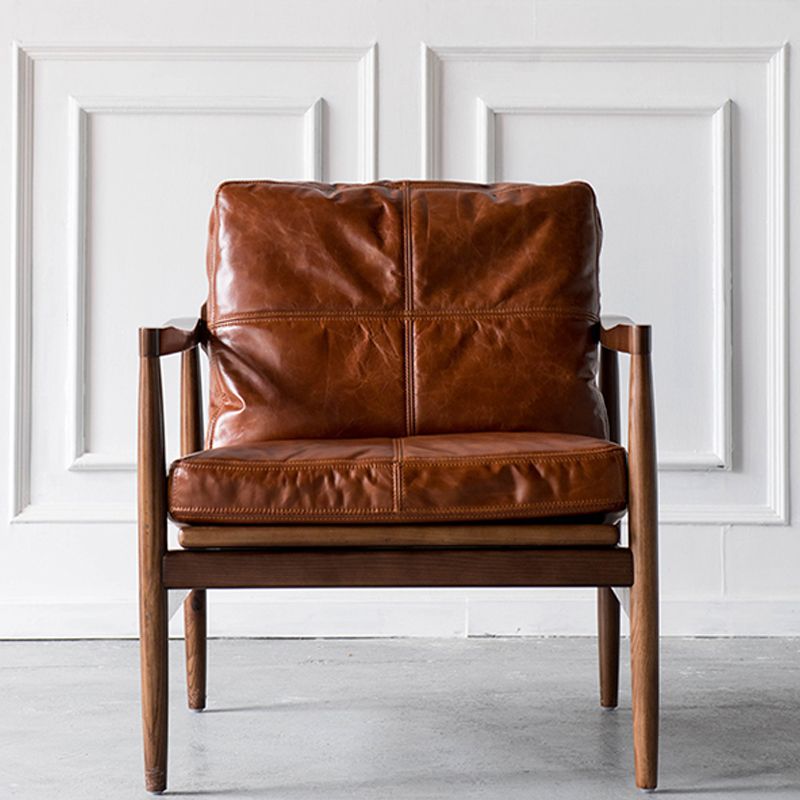 Pu Leather Arm Chair Square Arms Solid Wood Frame Pillow Back Chair