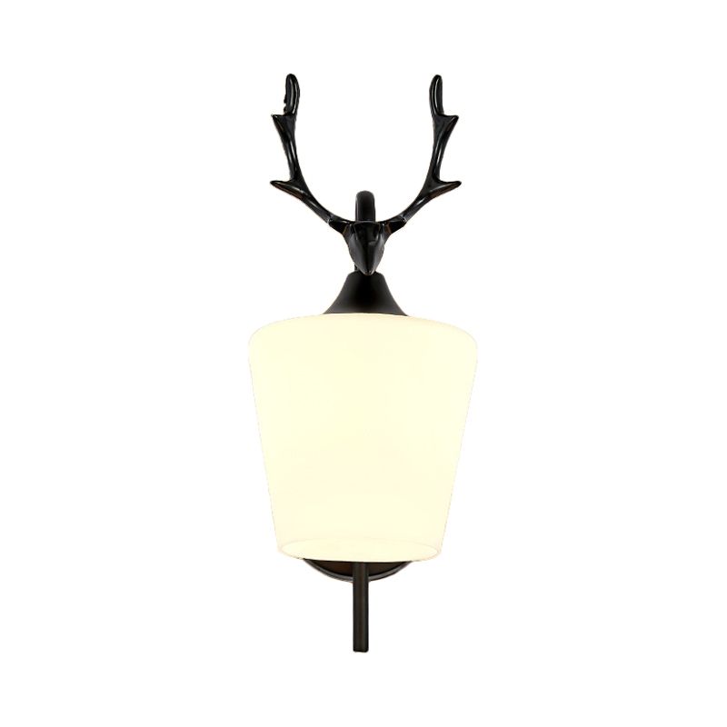 1 Light Metal Wall Lighting Country Black/Gold Antler Living Room Sconce Light Fixture with Frosted Glass Shade