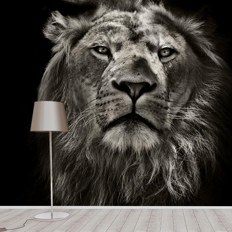 Full-Size Lion Face Mural Decal in Black Non-Woven Material Wall Covering, Washable, Custom Size
