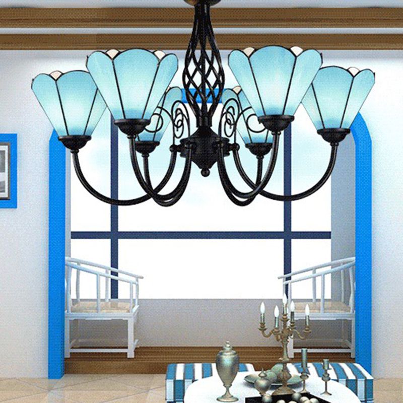 Blaues Glas Blumenkronleuchter leichter Mittelmeerschwarz Deckenhängung Lampe für Wohnzimmer