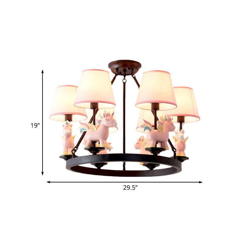 Luce a pendolo unicorno rosa con il lampadario del soffitto in tessuto a 6 teste di design ad anello nero