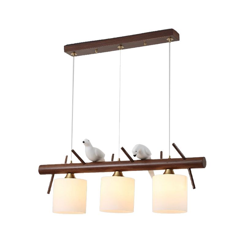 Wood Modern Pendant Light Cylinder Shape Island Light with Glass Shade for Living Room