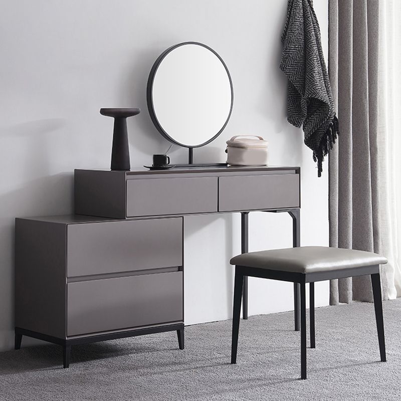 Modern Gray Vanity Mirrored Wood Makeup Dressing Table Stool Set