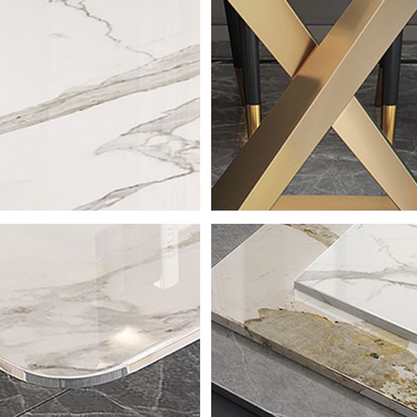 Glam Stone Rectangle Dining Table Golden Pedestal Table for Dining Room