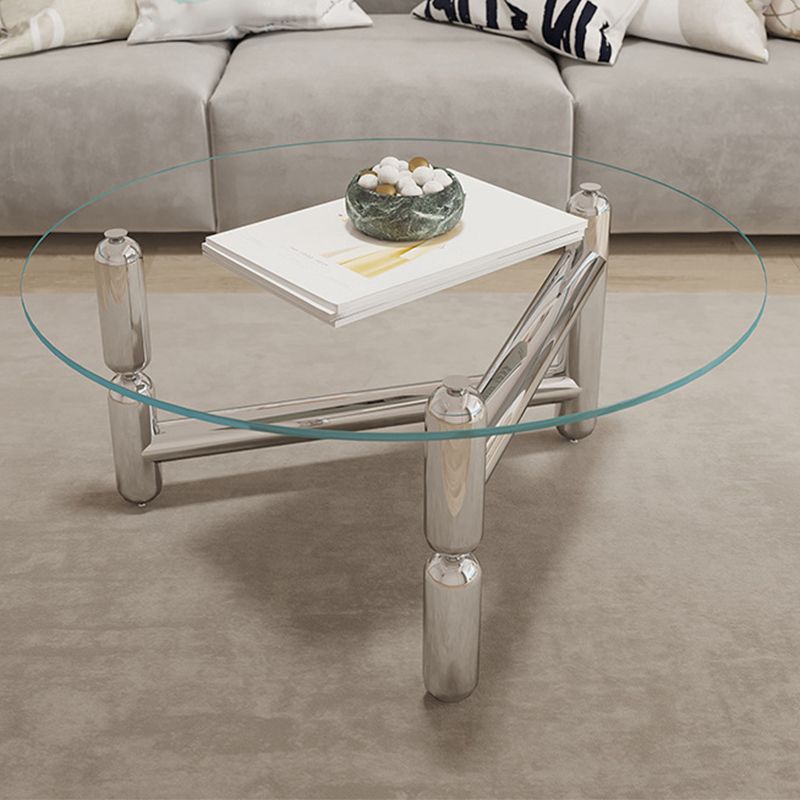 Modern Round Glass Coffee Table Stainless Steel 3 Legs Cocktail Table