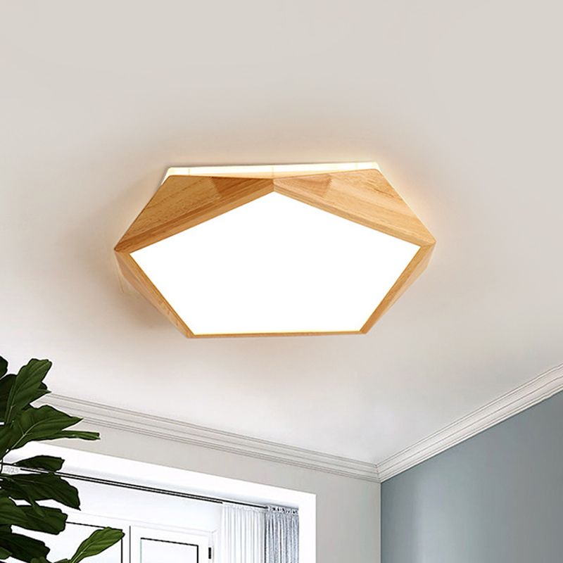 Modernistische Pentagon-Deckeneinbauleuchte aus Holz, 16,5"/20,5" breite LED-Unterputzlampe für Schlafzimmer in Beige, warmweißes Licht