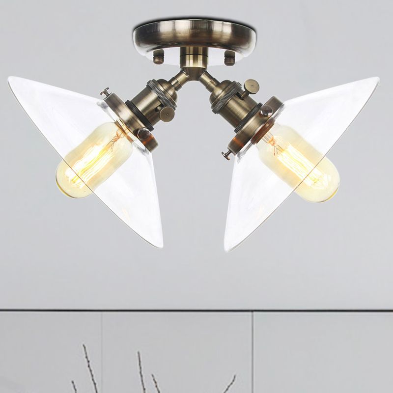 Lámpara cónica semi empotrada para restaurante, cristal transparente, 2 luces, montaje empotrado en techo, estilo Industrial, en negro/bronce