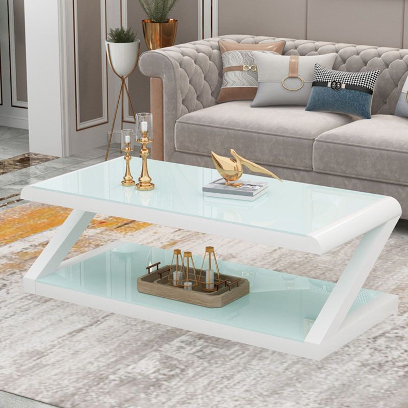 17.7"H Rectangle Glass Coffee Table Steel Abstract Base Cocktail Table with Shelf