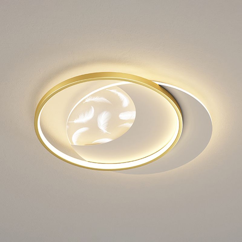 Round Shape LED Feather Ceiling Lamp Modern Iron 2 Lights Flush Mount for Bedroom