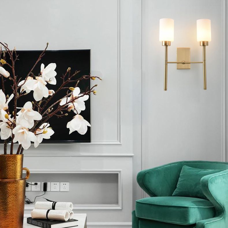 Contemporary Sconce Lights Brass Arm Wall Light for Hotel Bedroom in White Glass Shade