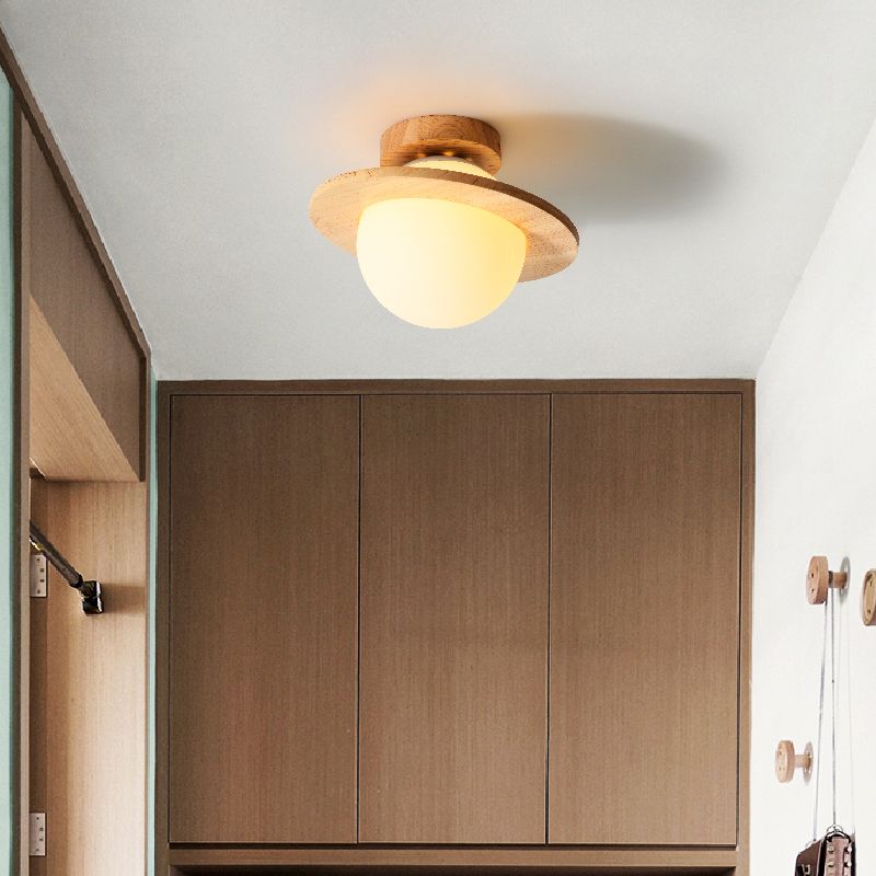 Contemporary Sphere Flush Light Fixture Wood 1 Light Flush Mount Lamps in Brown