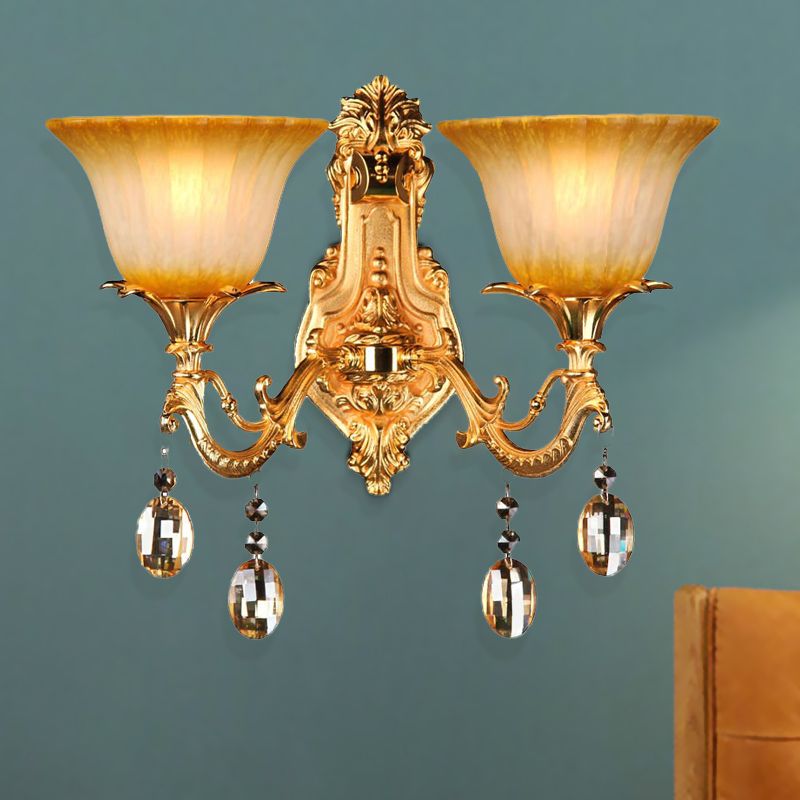 Flower Amber Glass Wall Mount Light Traditional 2 Heads Living Room Sconce Light in Brass