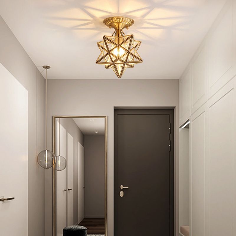 Glass Close to Ceiling Lamp Vintage-Style Brass Star Aisle Ceiling Lighting
