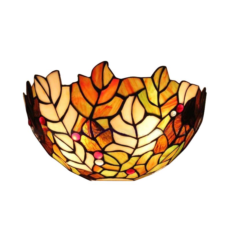 Leaf Wall Light with Stained Glass Bowl Shade 2 Bulbs Lodge Style Sconce Lighting