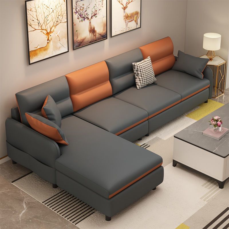 Vintage 4-seat Faux Leather Sofa & Chaise Square Arm Sewn Pillow Back Sofa