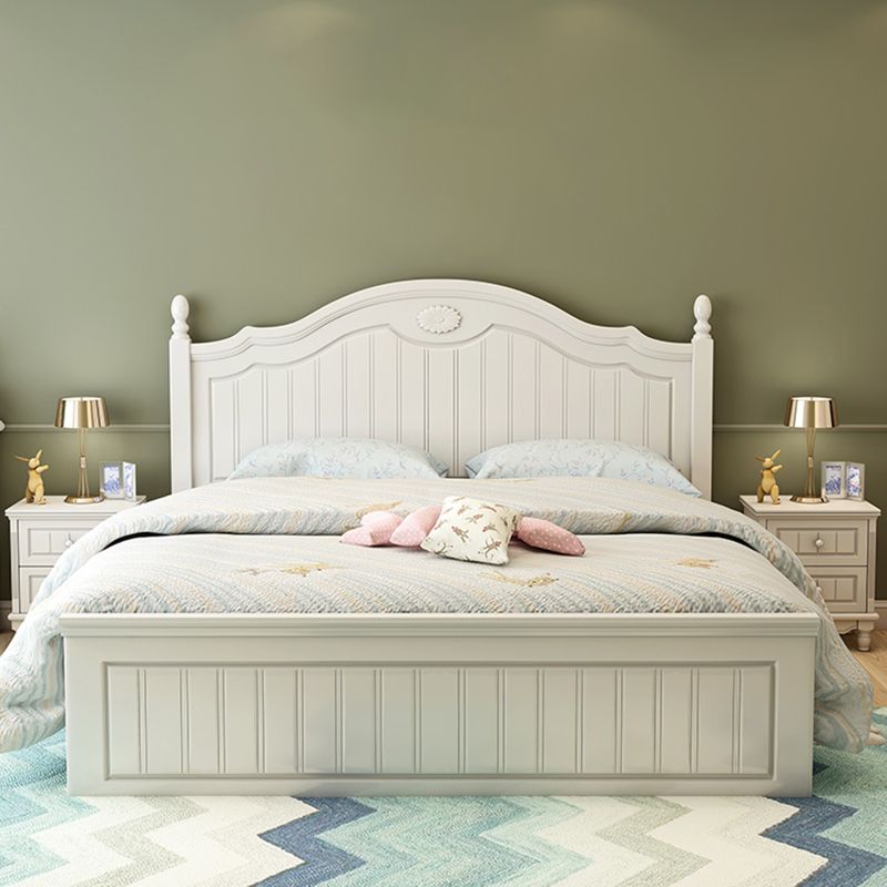 French Country Panel Bed Wood White Bed Frame with Arched Headboard