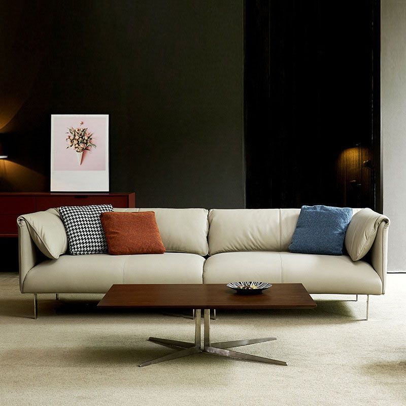Modernism Leather Sofa in Khaki Tuxedo Arm Sofa with 3 Pillows