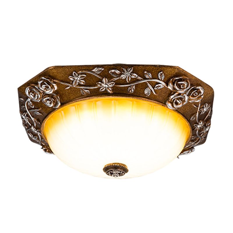 Milky Fluted Glass Round Flush Mount Traditional Dining Room LED Ceiling Light Fixture with Carving Bloom Decor in Brown, 14"/16" Wide