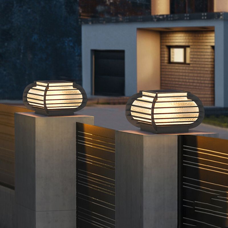 Drum Shape Metal Outdoor Light Modern 1 Light Solar Pillar Lamp in Black