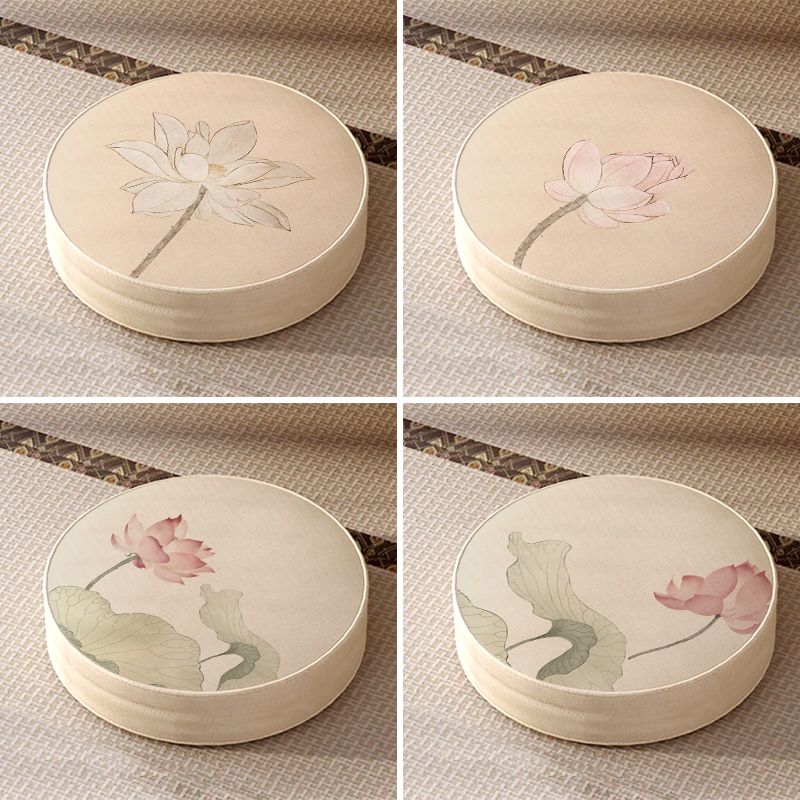 Modern Pouf Ottoman Cotton Upholstered Flower Printed Round Ottoman