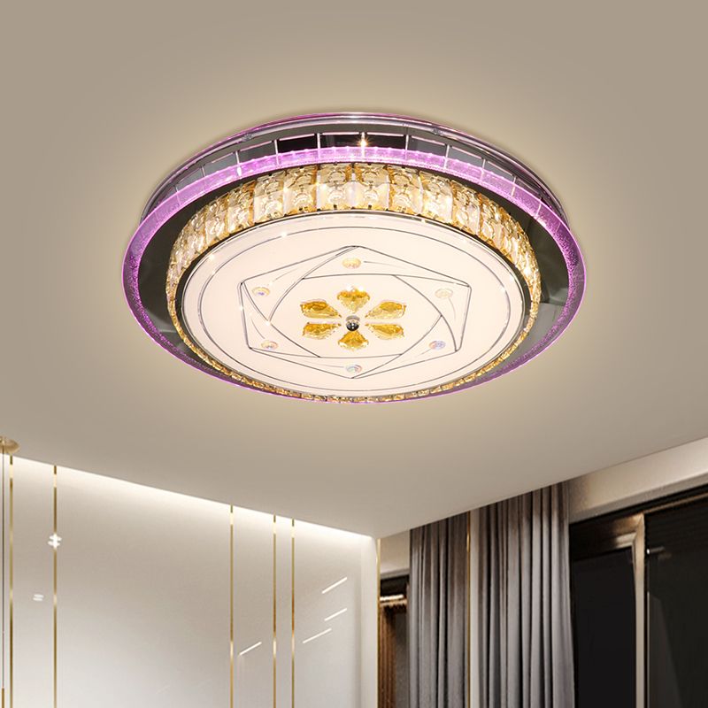 LED Clear Cut Crystal Blocks Light Fixture Modern Stainless-Steel Round Bedroom Flush Mount Lamp