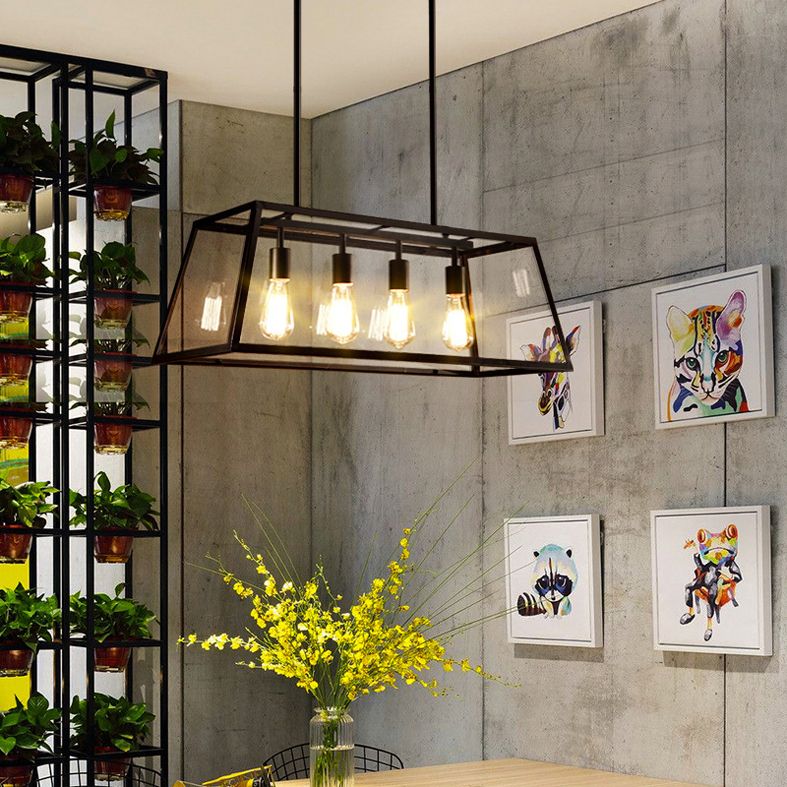 Glass Linear Island Light 4-Bulbs Industrial Dinning Room Pendant Lamp in Black