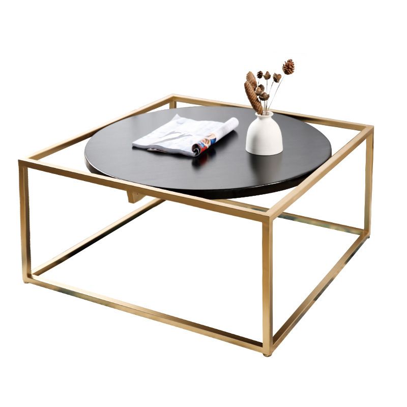 Metal Frame Base Coffee Table Round Wood Cocktail Table in Gold