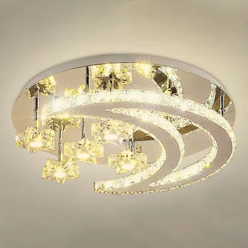 Ringed Shape Semi Flush Mount Modern Style Crystal Flush Ceiling Light in Silver