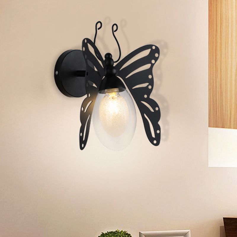 1 Light Butterfly Shaped Wall Lamp Modern Black Clear Glass Sconce Light Fixture for Bedroom