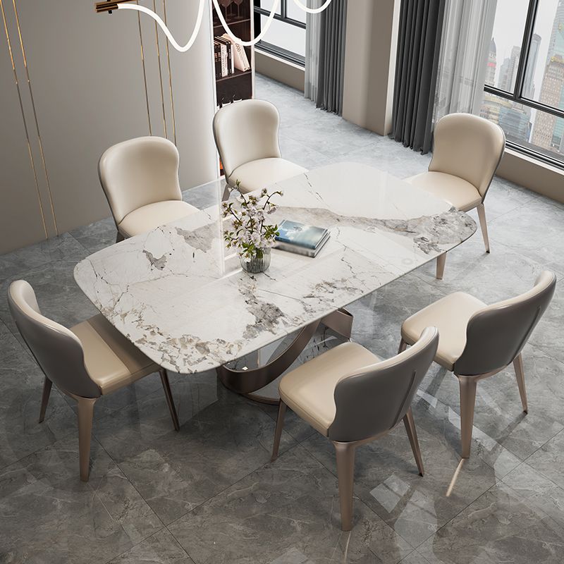Modern Style Traditional Height Dining Set with Fixed Rectangle Shape Table and Gold Trestle Base