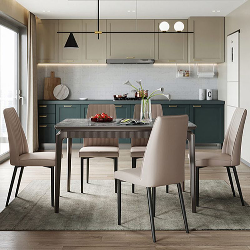 Gray Contemporary Rectangular Stone Dining Table with Solid Wood Legs
