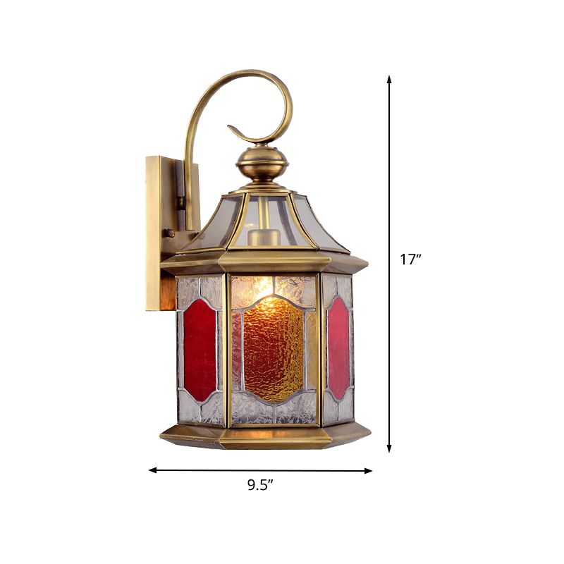 Red Glass Suspended Sconce Lamp Arab 1-Bulb Balcony Wall Mount Light with Curved Arm