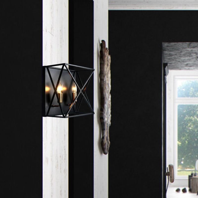 Squared Metal Sconce Light Fixture Farmhouse Style 2 Bulbs Black Finish Wall Lamp with Wire Frame